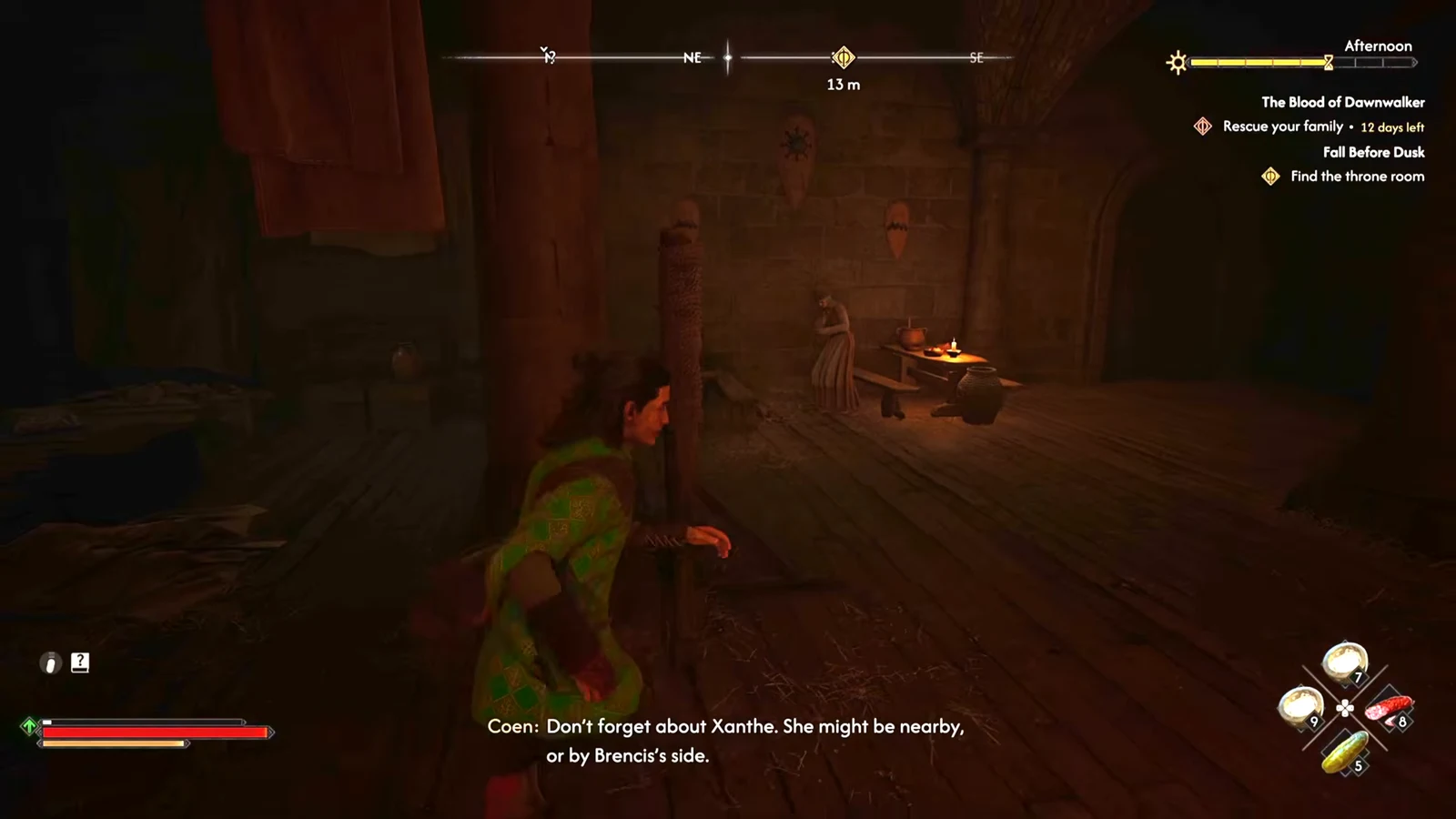 Coen moving through a castle interior with the Fall Before Dusk objective marker reading Find the throne room