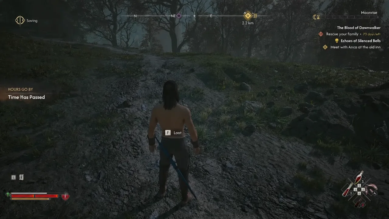 Loot prompt on screen after the quest ends, with night having fallen