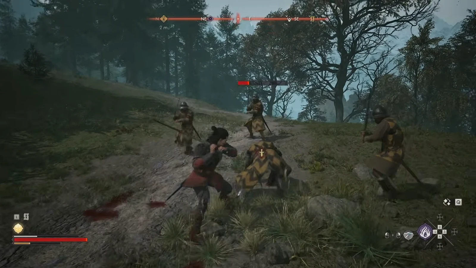 Coen swings at armored guards escorting prisoners along a forest road