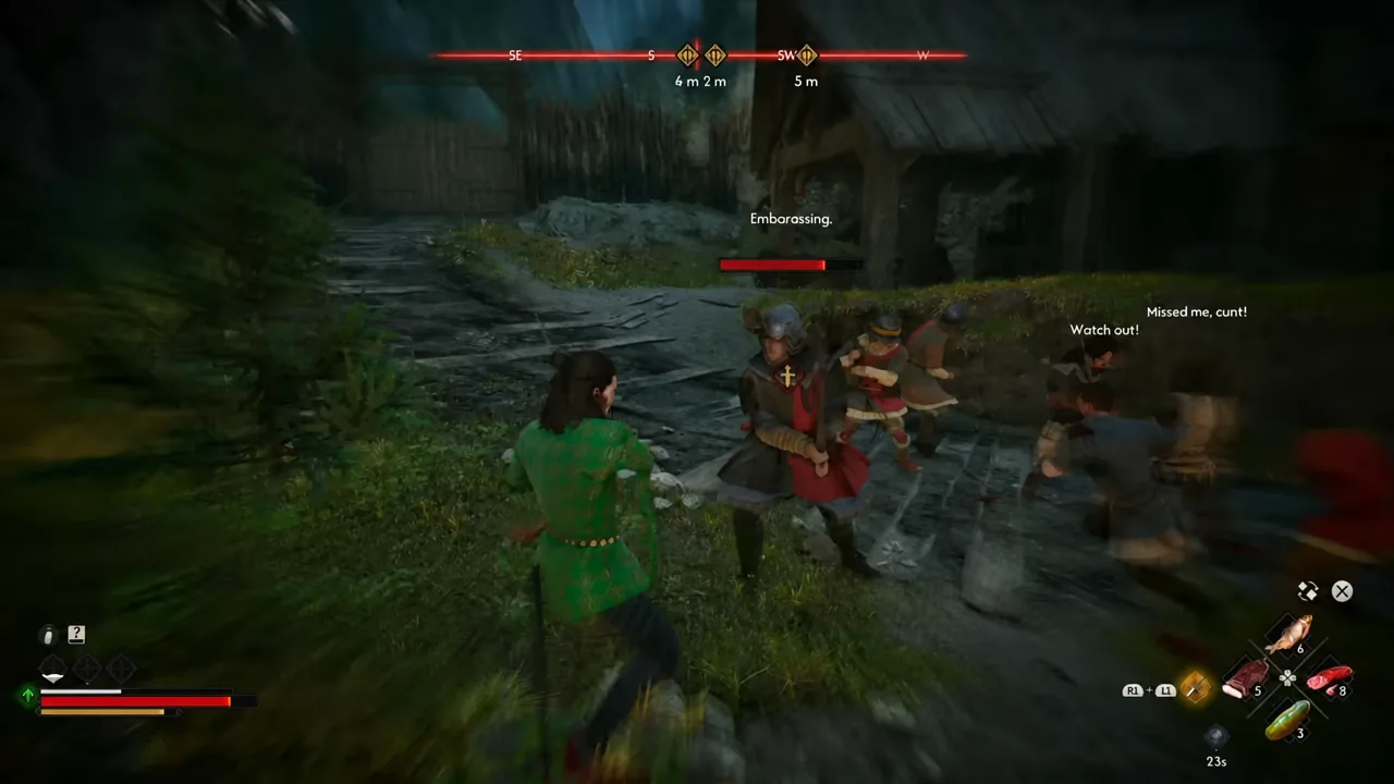 Coen fighting enemies at night, with a red enemy health bar showing during the exchange