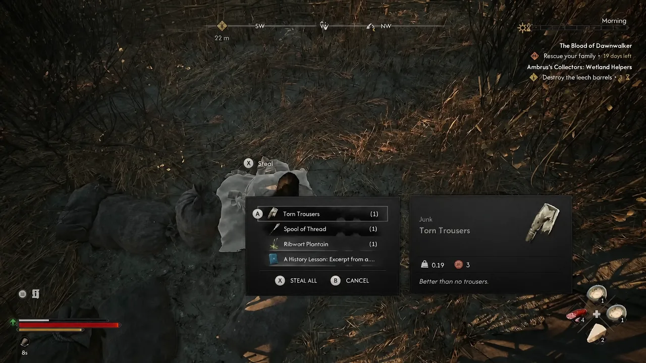 Loot menu on a scavenged body highlighting Torn Trousers with the Steal action selected