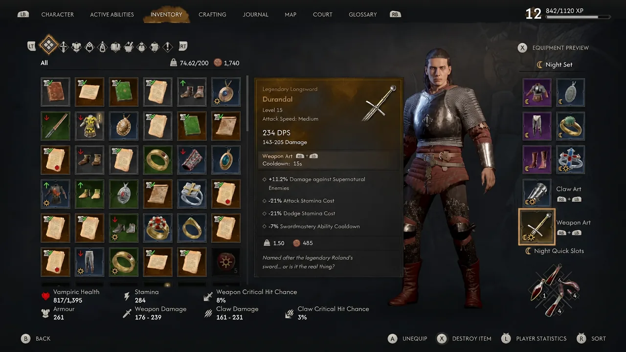 Inventory preview of the legendary longsword Durandal with its weapon stats and Weapon Art