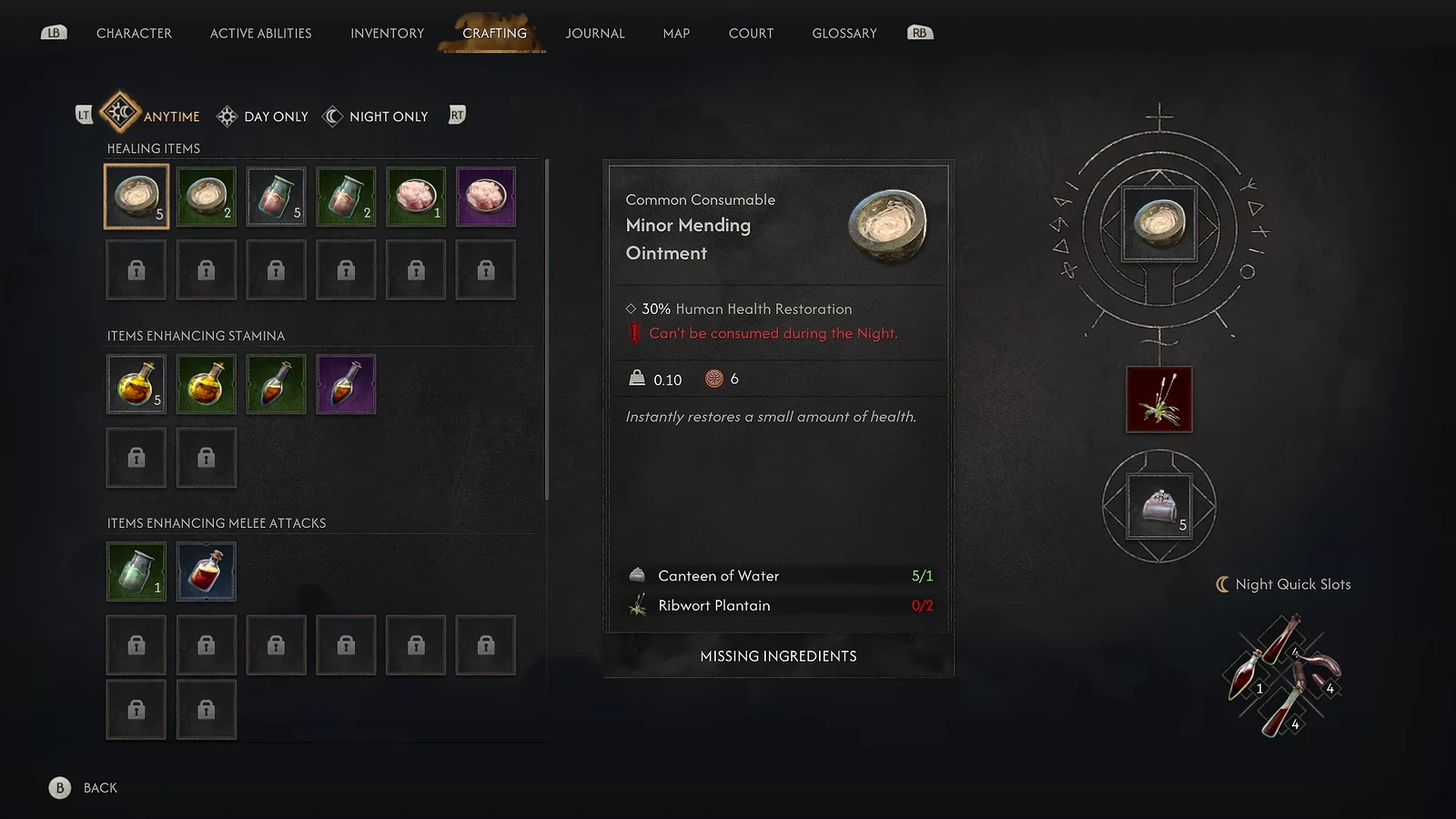 Crafting menu showing Minor Mending Ointment and its missing Ribwort Plantain ingredient