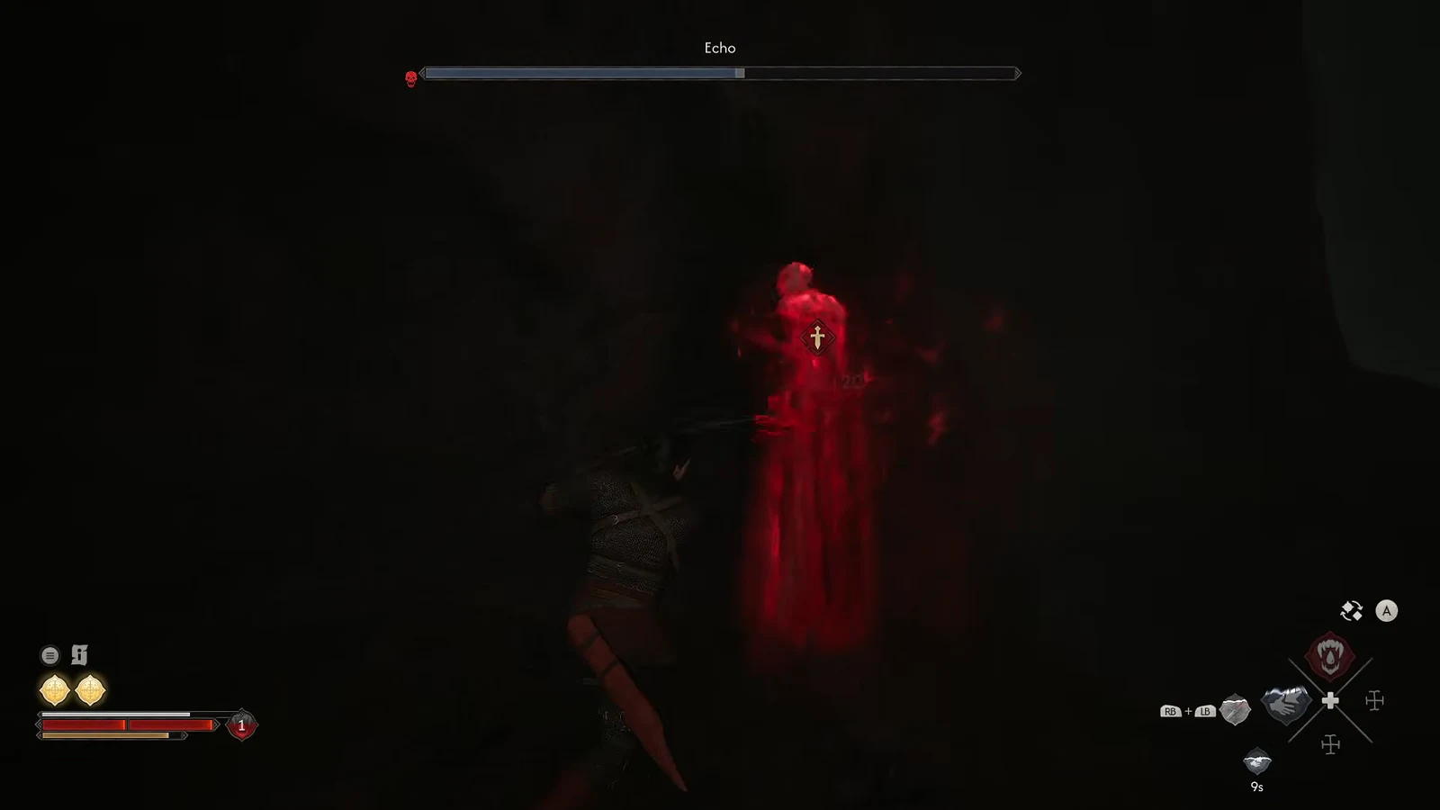 Fighting the red apparition Echo with its boss health bar shown across the top of the screen