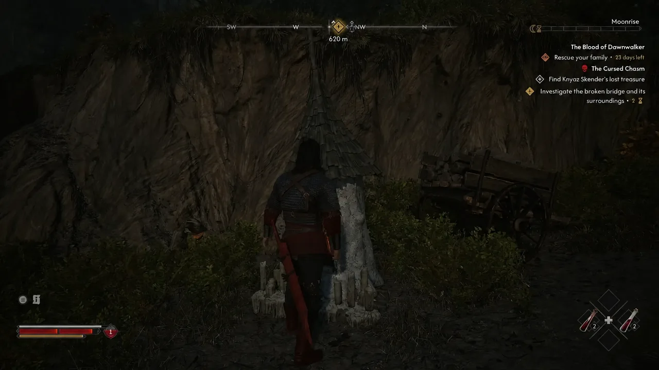 Quest HUD reading Investigate the broken bridge and its surroundings during exploration