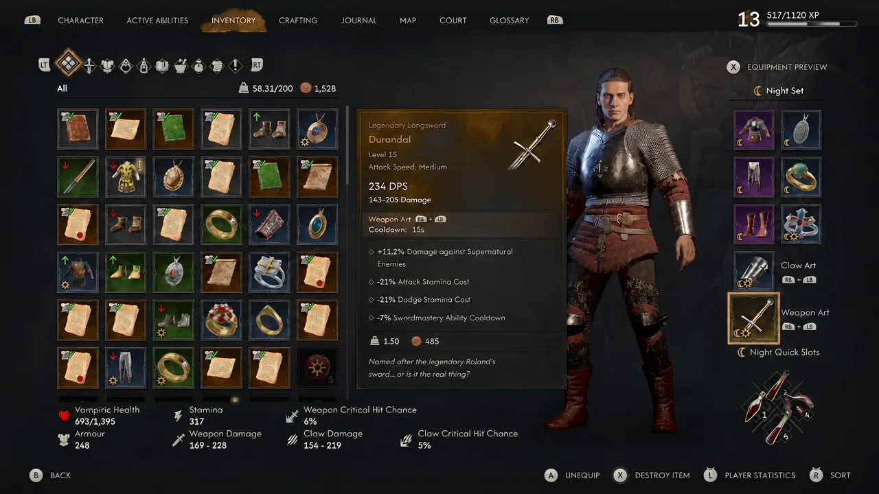 Inventory preview of the legendary longsword Durandal with its weapon stats and Weapon Art