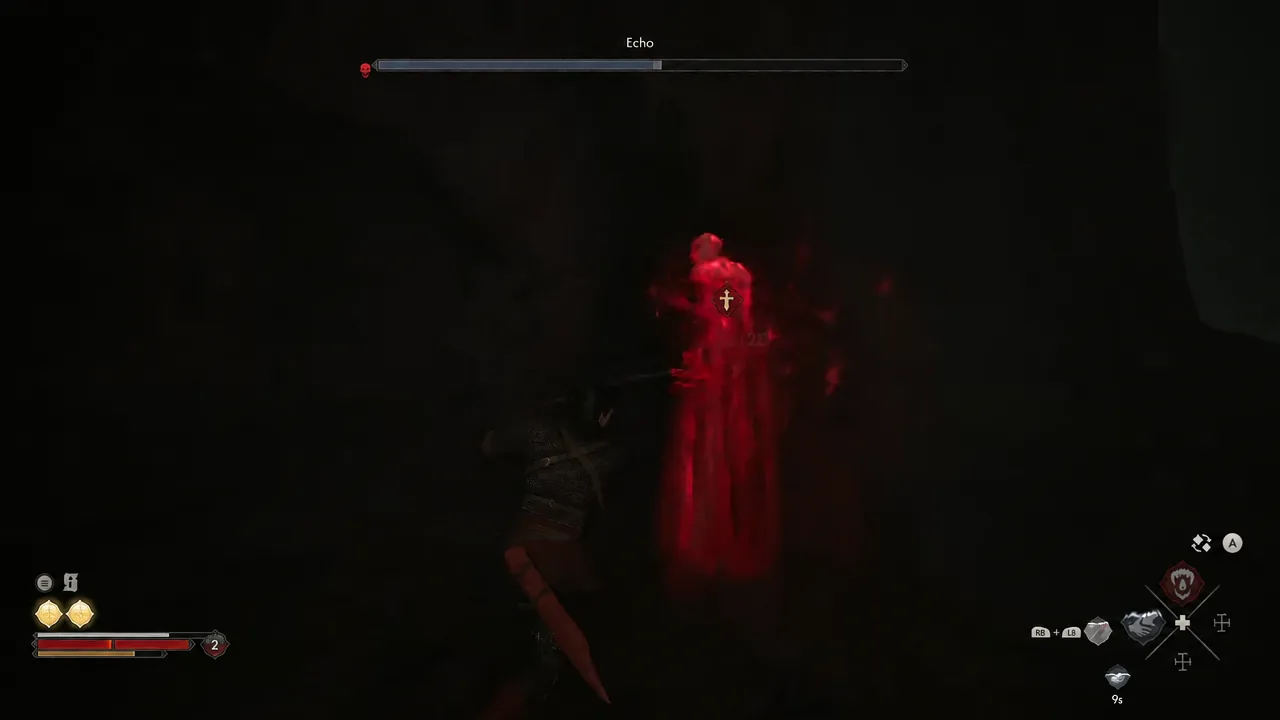 Fighting the red apparition Echo with its boss health bar shown across the top of the screen