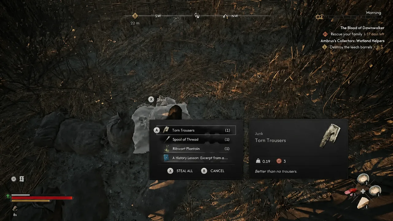 Loot menu on a scavenged body highlighting Torn Trousers with the Steal action selected