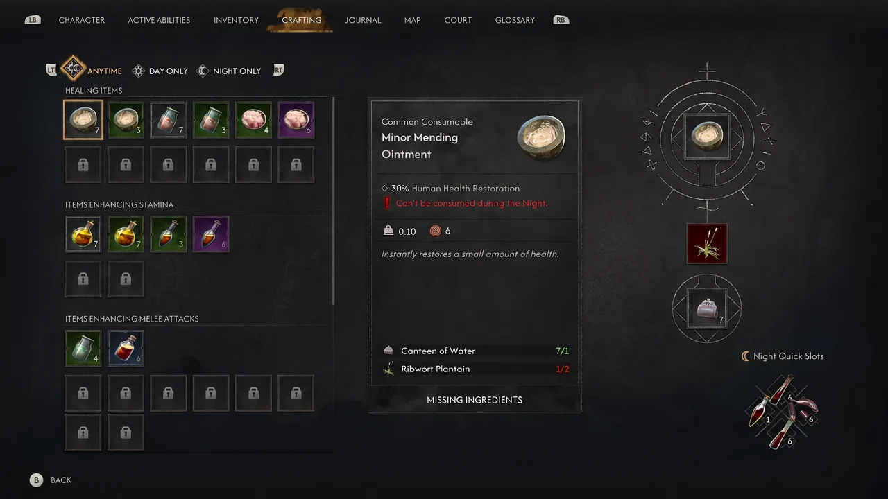 Crafting menu showing Minor Mending Ointment and its missing Ribwort Plantain ingredient