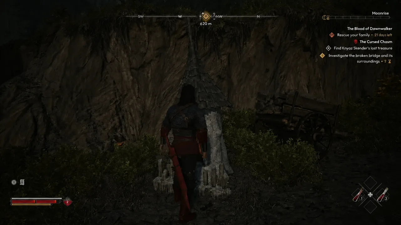 Quest HUD reading Investigate the broken bridge and its surroundings during exploration