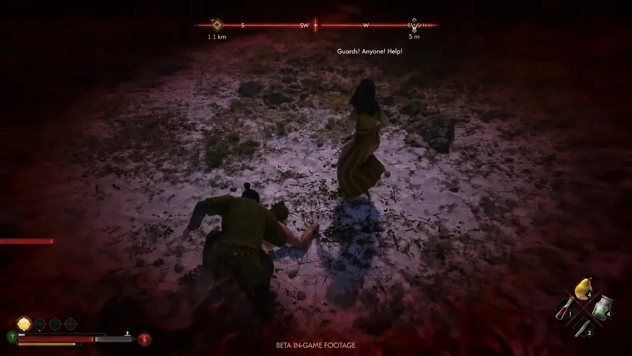 Coen crawling while critically injured with a low health bar shown on the HUD