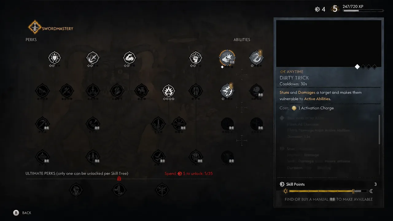 Swordmastery skill screen with the Dirty Trick ability selected and its details shown