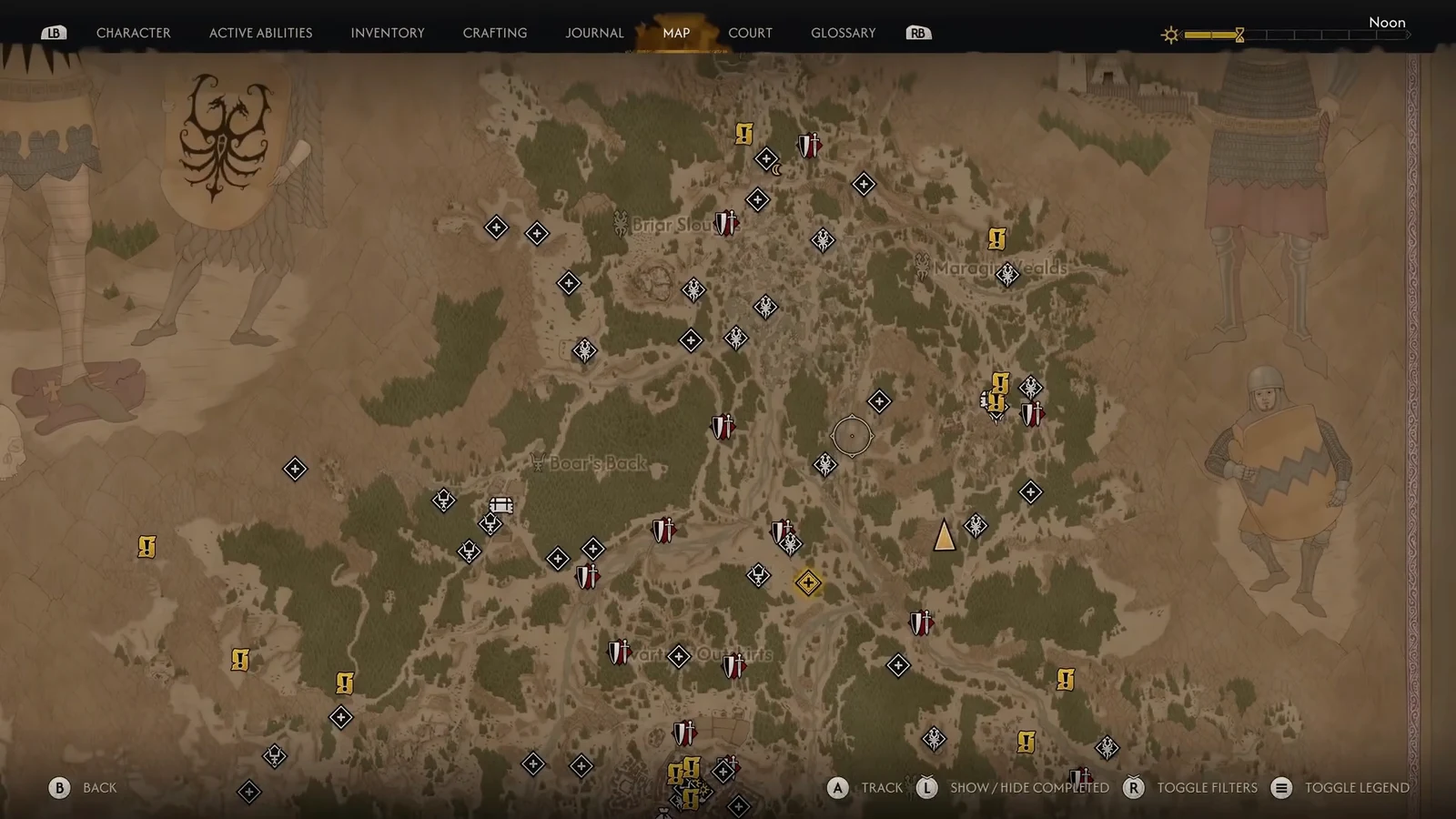 World map open with the cursor centered among many quest and activity markers