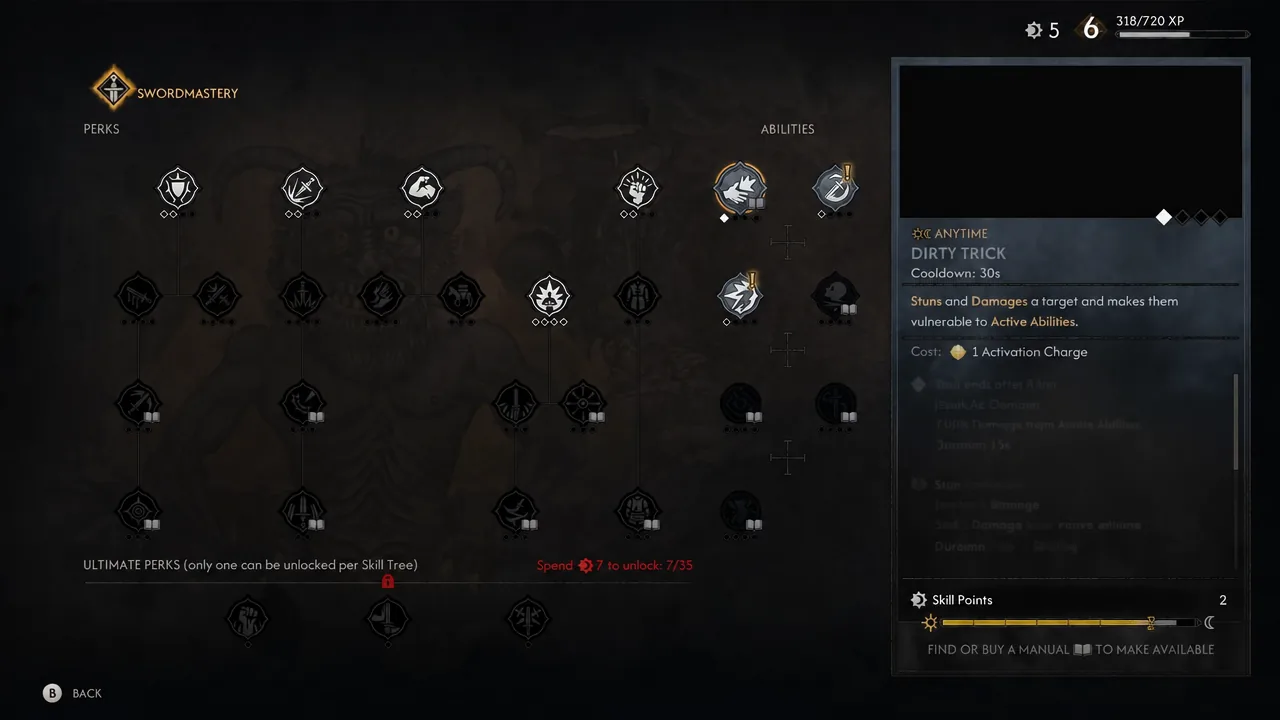 Swordmastery skill screen with the Dirty Trick ability selected and its details shown