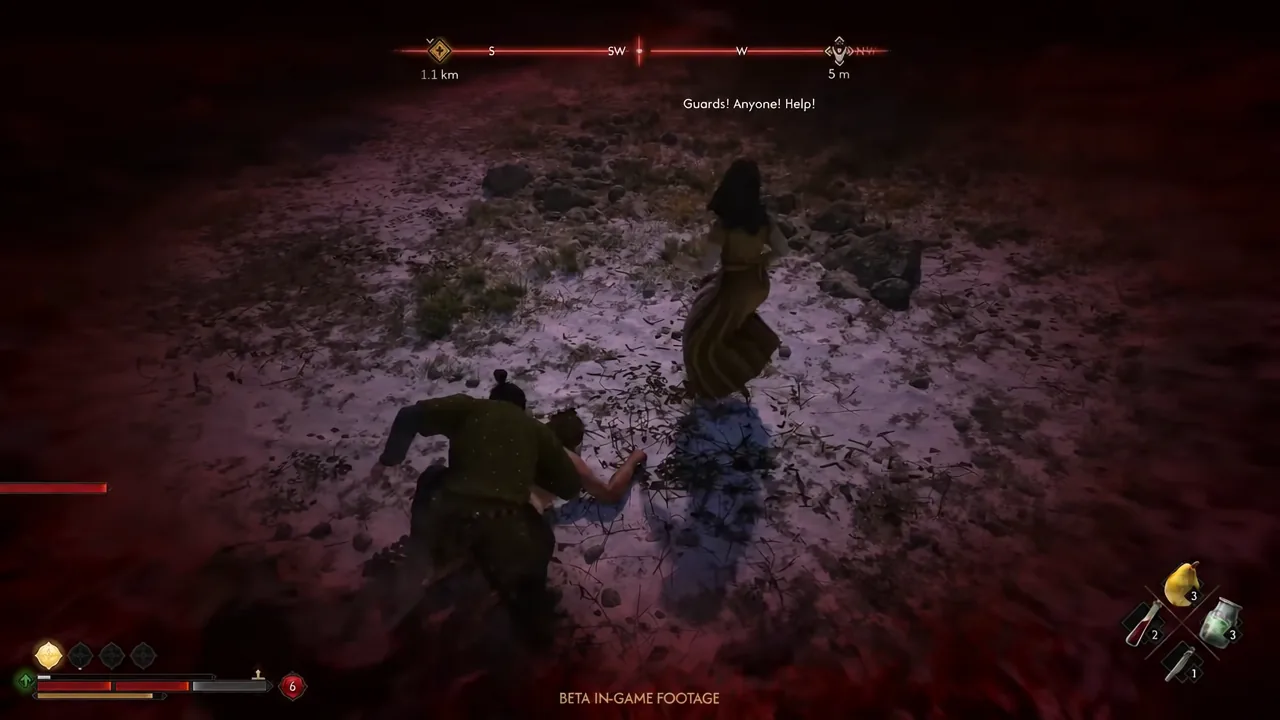 Coen crawling while critically injured with a low health bar shown on the HUD
