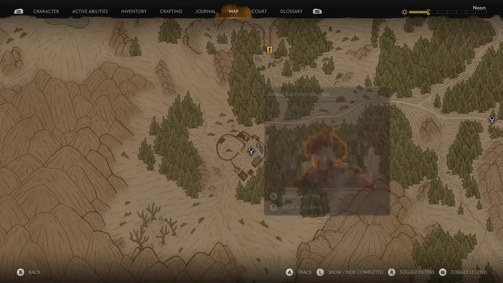 Map screen with a quest marker near a settlement and the Track Objective prompt open