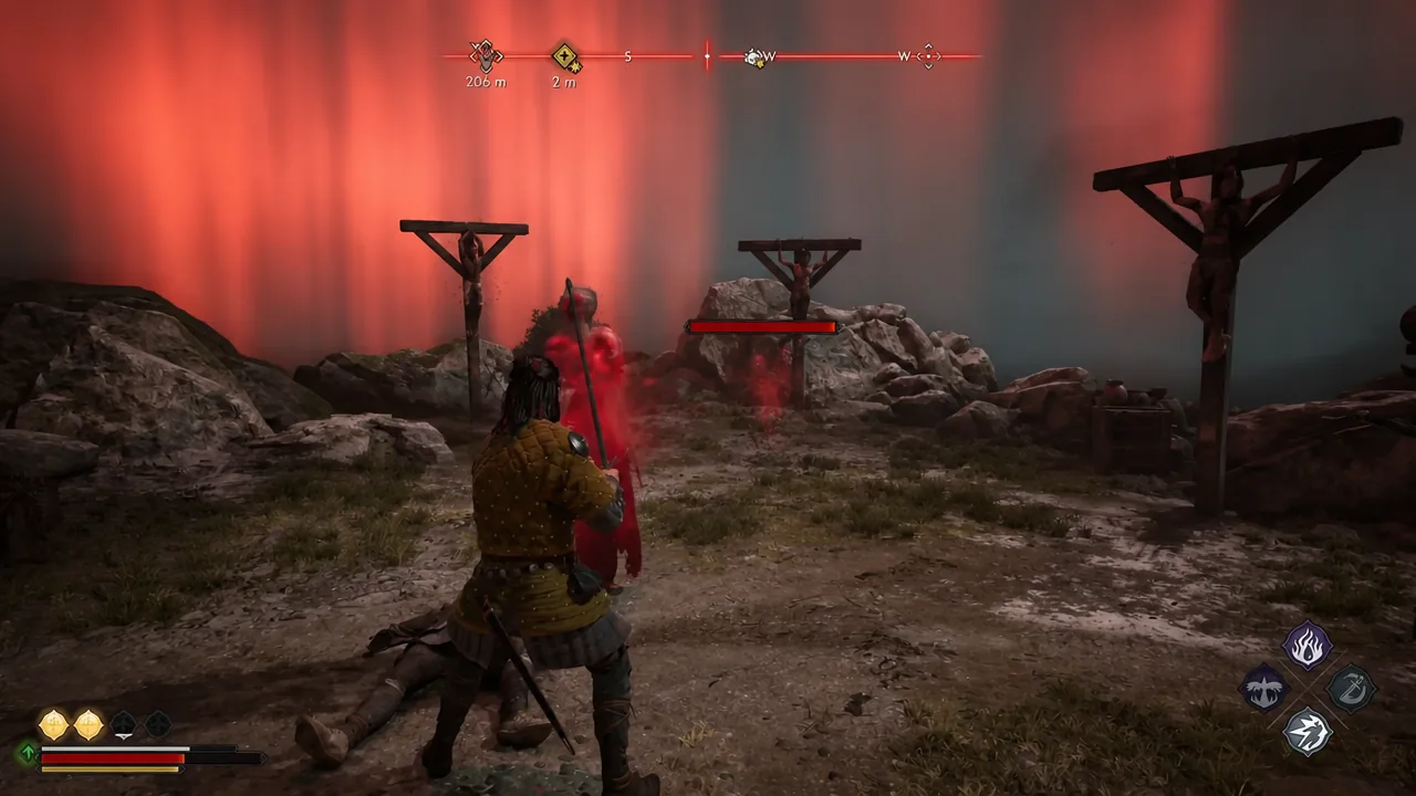 Daytime combat with the sword drawn against a red-highlighted enemy target