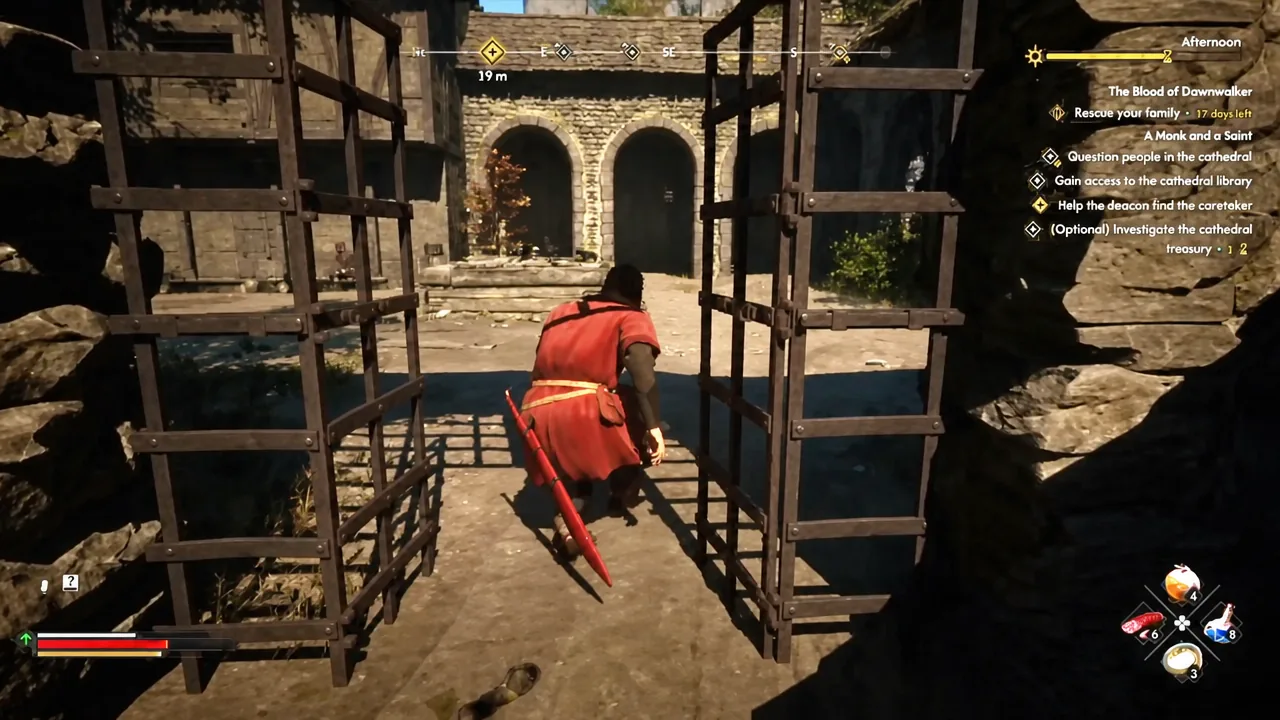 Coen walks through a gate in Svartrau with the quest tracker showing the deacon and caretaker objective