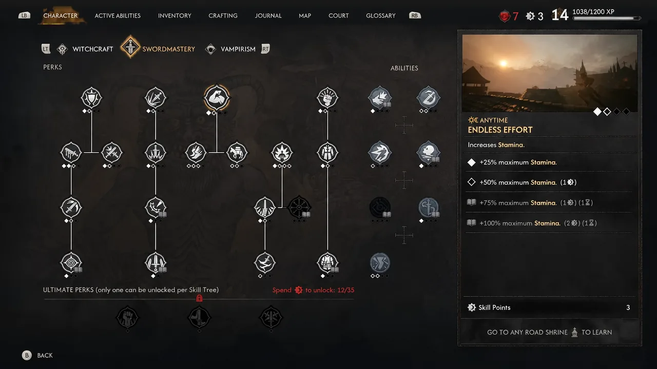Character screen showing the Endless Effort stamina skill with its upgrade details and unlock cost