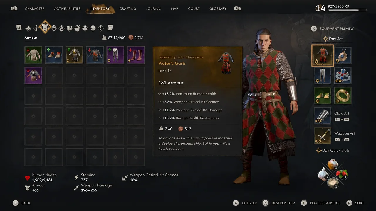 Inventory screen previewing Pieter's Garb armor and its equipment stats