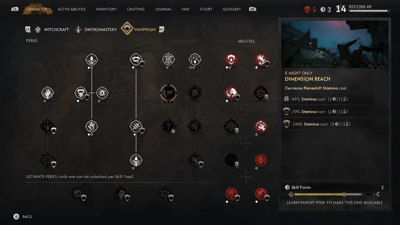 Vampirism tab of the character menu with a perk selected and its unlock requirements shown
