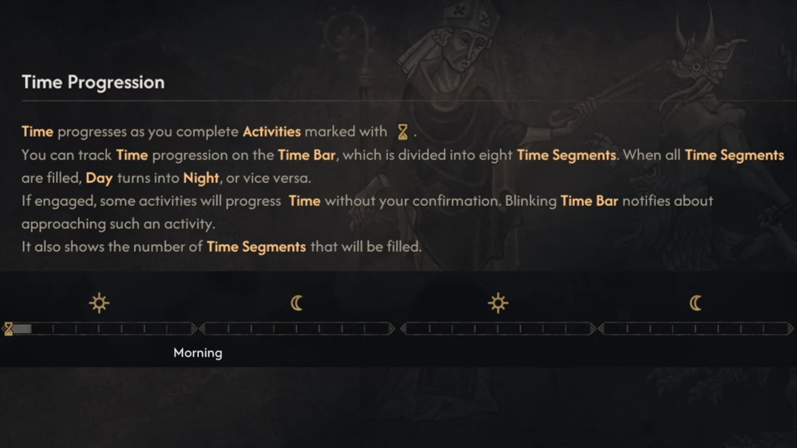 Time Progression tutorial screen showing the eight-segment Time Bar that shifts between Day and Night