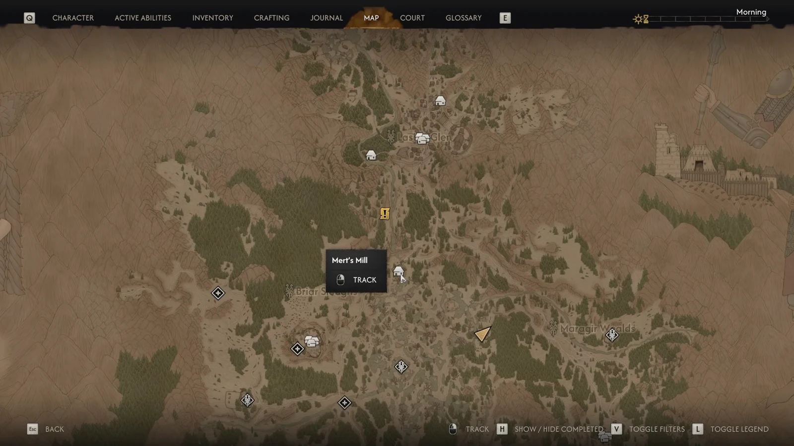 Map screen showing the highlighted Mert's Mill location with its tooltip and a Track option