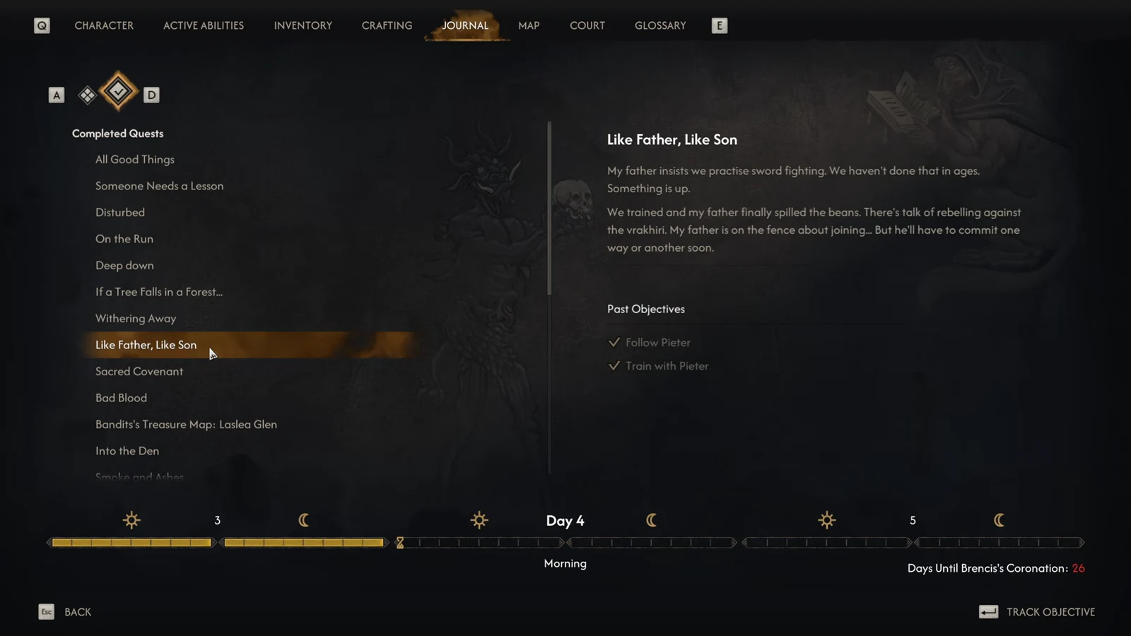 Completed Quests list with Like Father, Like Son selected showing its description and objectives