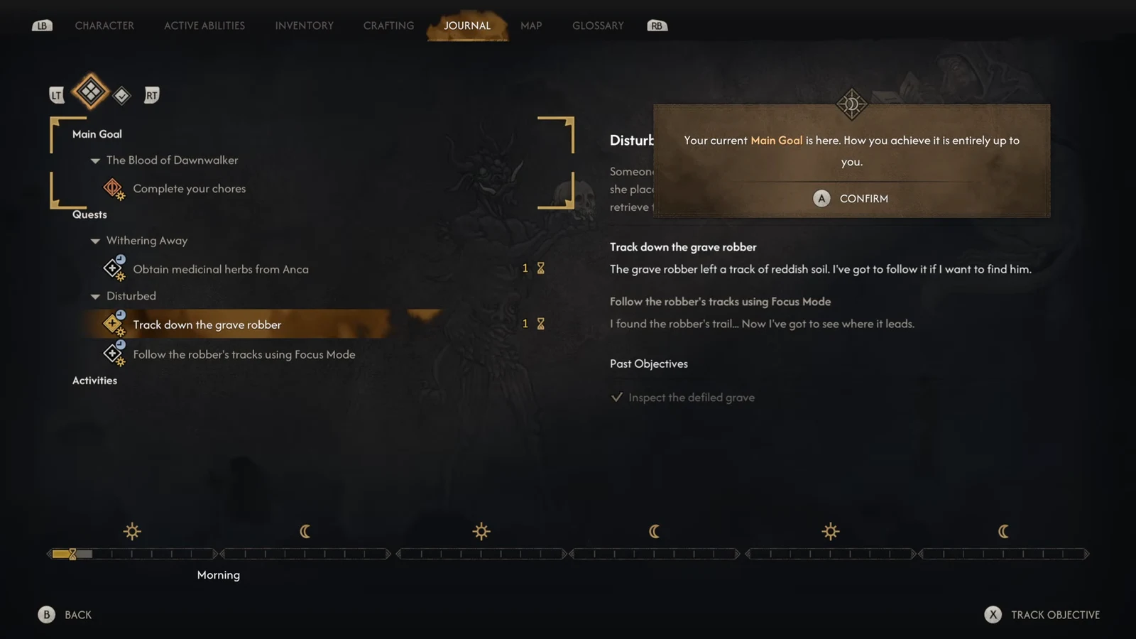 Journal screen showing the Track down the grave robber objective under the Disturbed quest