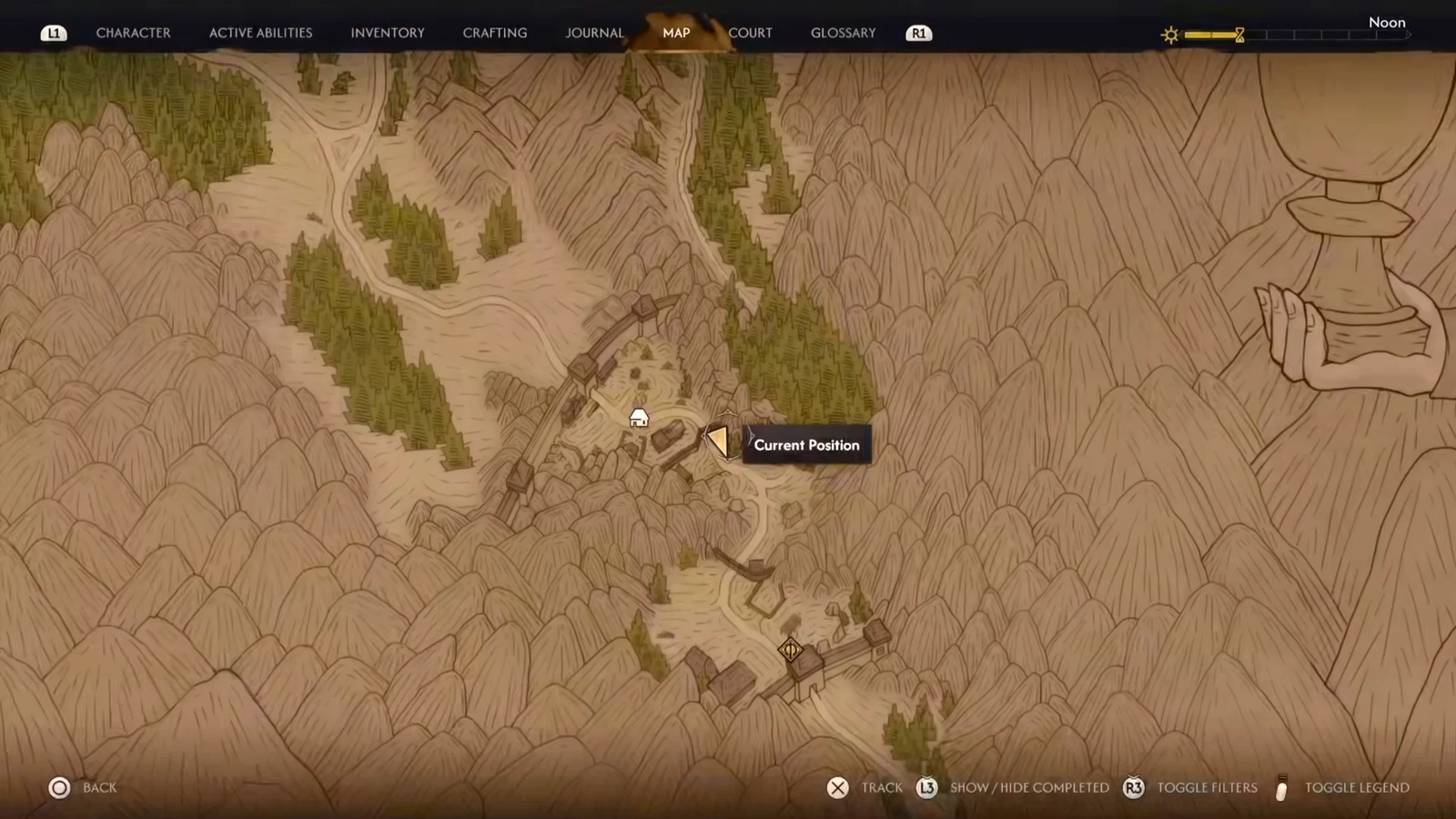 World map screen showing the Current Position marker in a mountain region with filter and legend options