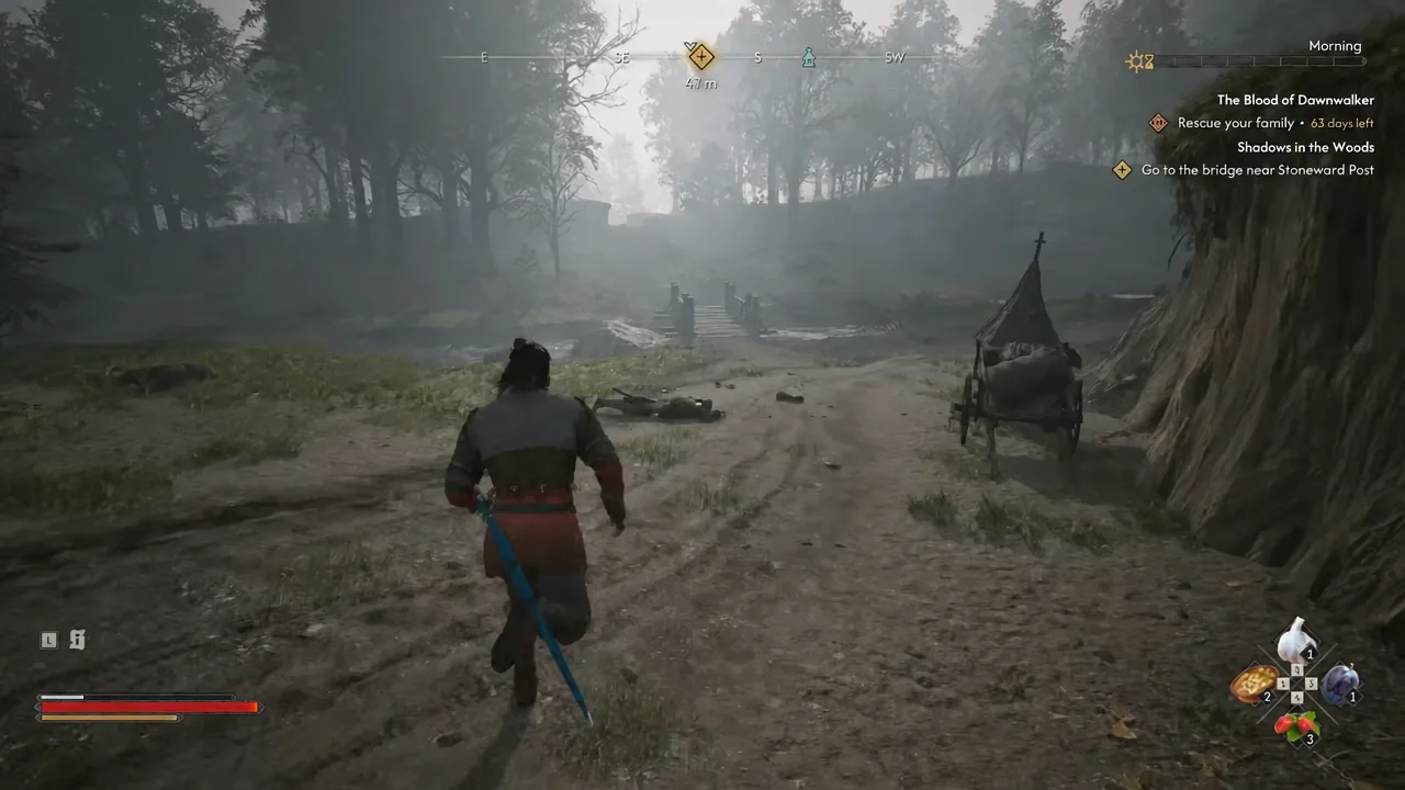 Character running down the path toward the yellow wooden bridge with the Shadows in the Woods tracker on screen