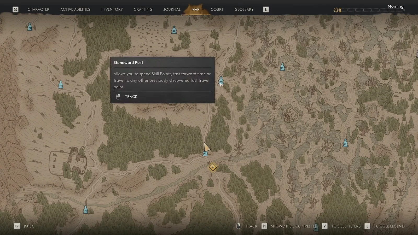 Map screen showing the Stoneward Post shrine entry with its fast travel description and the TRACK option