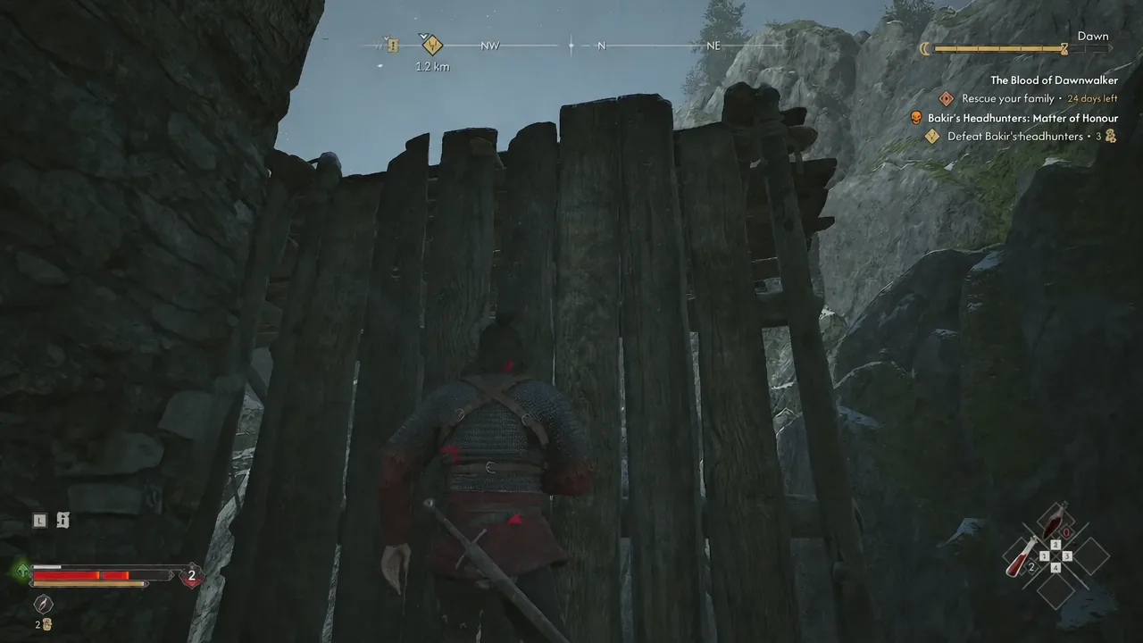 Character pulling up onto a tall wooden structure along the rocky path