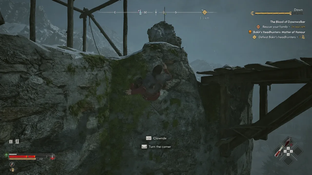 Clawride and turn the corner prompts on screen as the character swings around a ledge