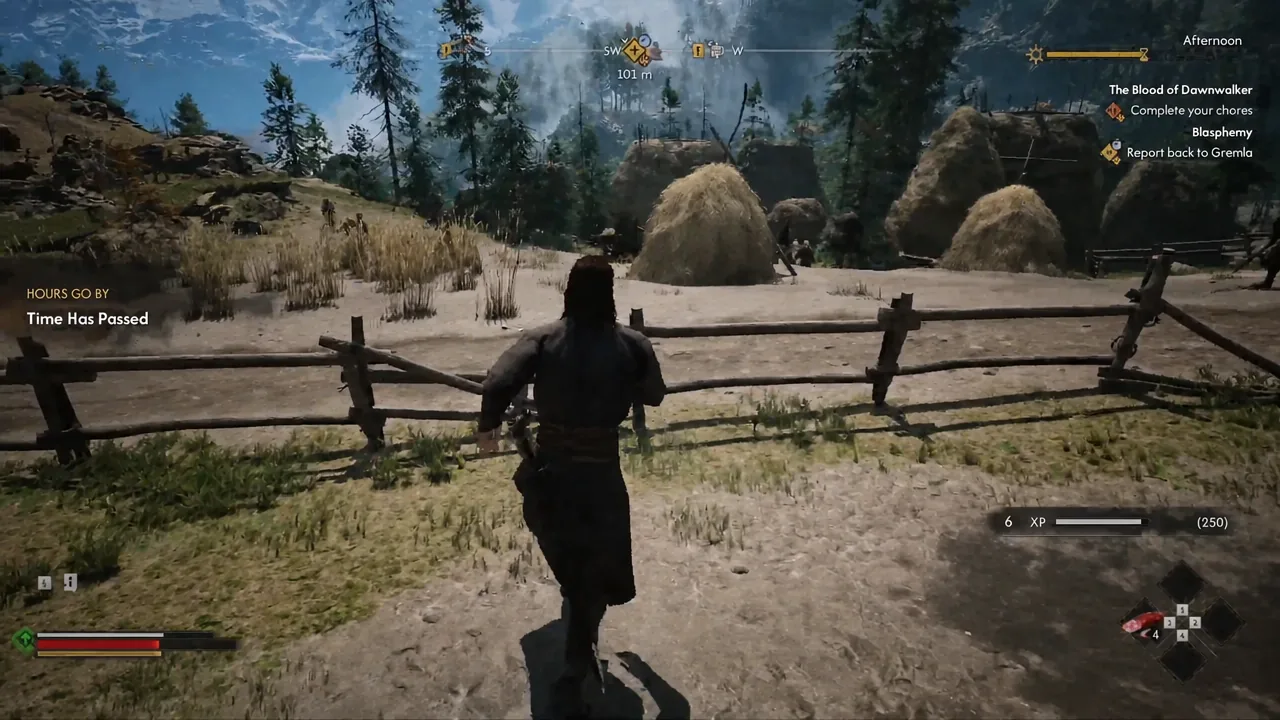 Player running back through the fenced village with the report back to Gremla objective active