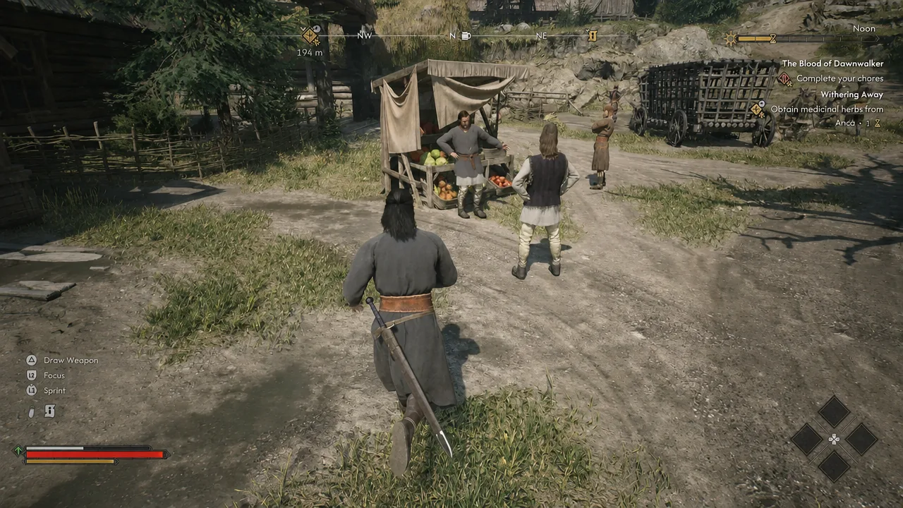 Quest tracker shows “Withering Away” and “Obtain medicinal herbs from Anča” while the player approaches the market herb vendor.