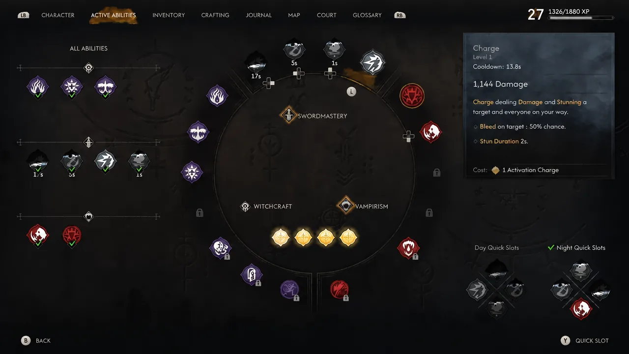 The Active Abilities menu showing the Charge skill with its damage, cooldown and charge cost