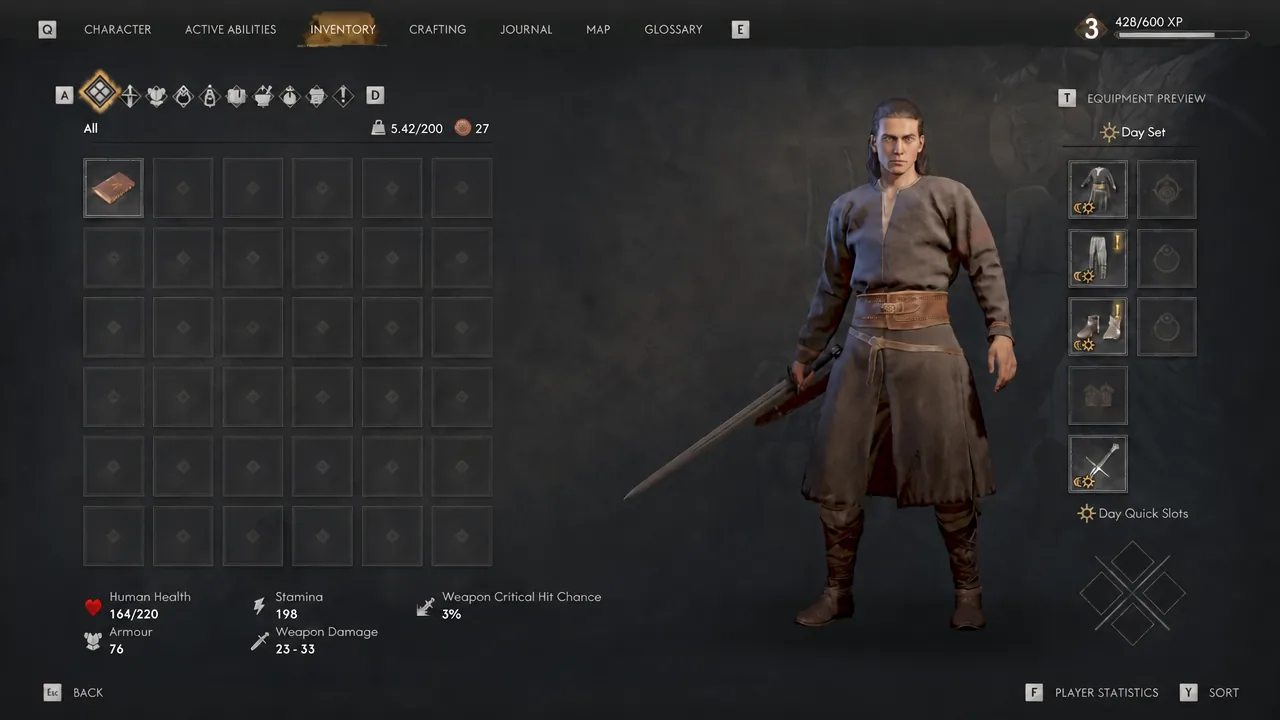 Inventory screen with the All tab open and the first item in the list selected