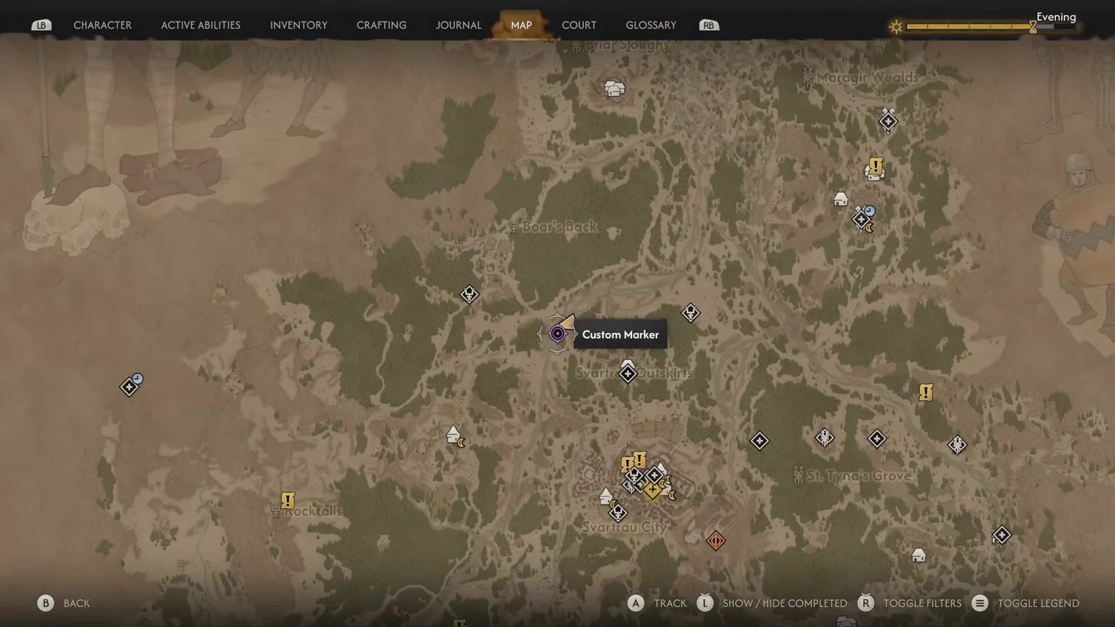 Custom map marker placed near Svartrau Outskirts to pin the hidden waterfall cave