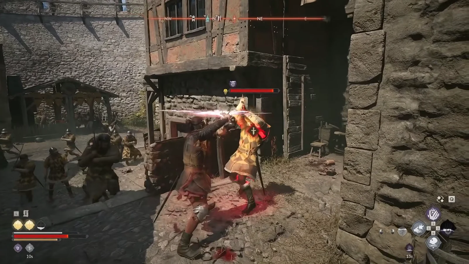Player striking an armoured guard under a red health bar in a medieval courtyard