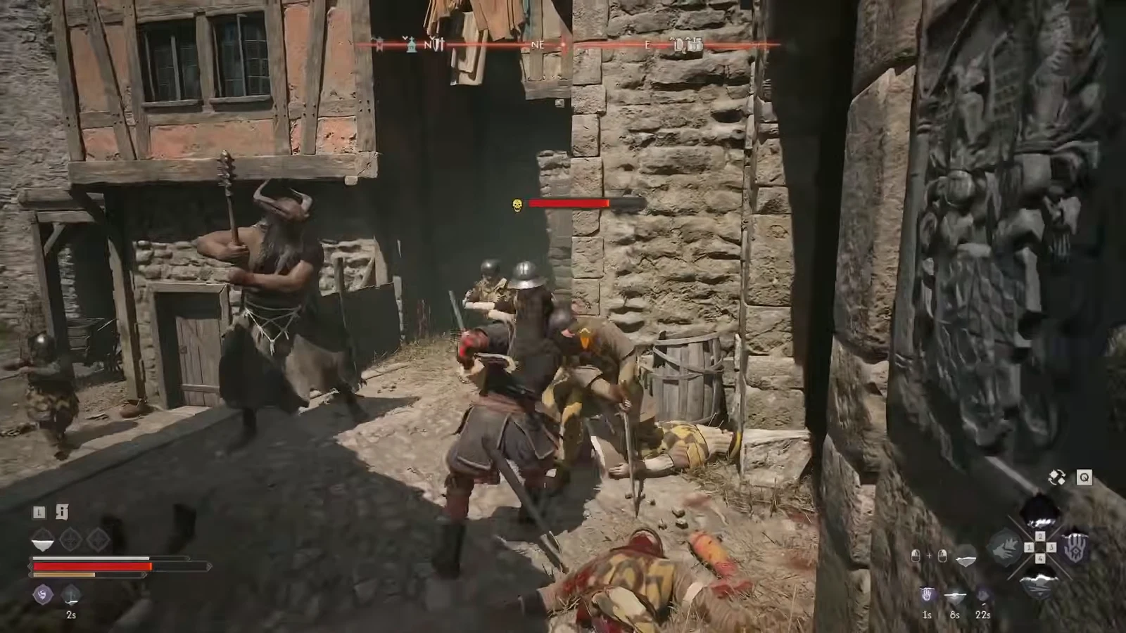 Coen fighting several armoured guards in a village street with enemy health bars on screen