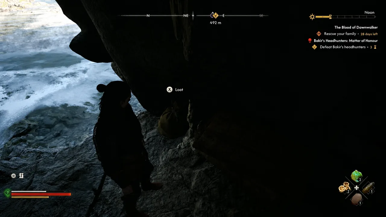 Loot prompt shown over a container inside the hidden waterfall cave