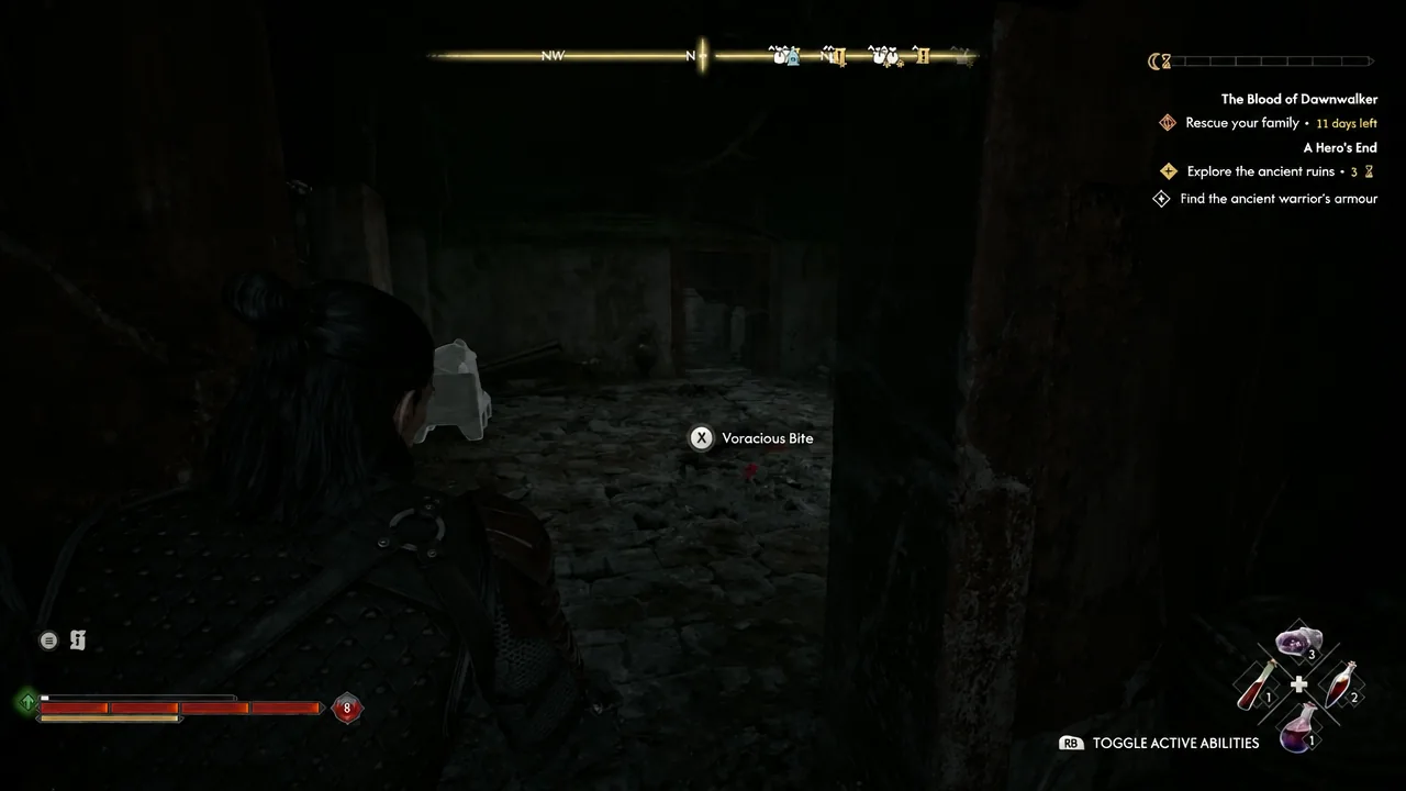 On-screen X button prompt for the Voracious Bite attack during a fight