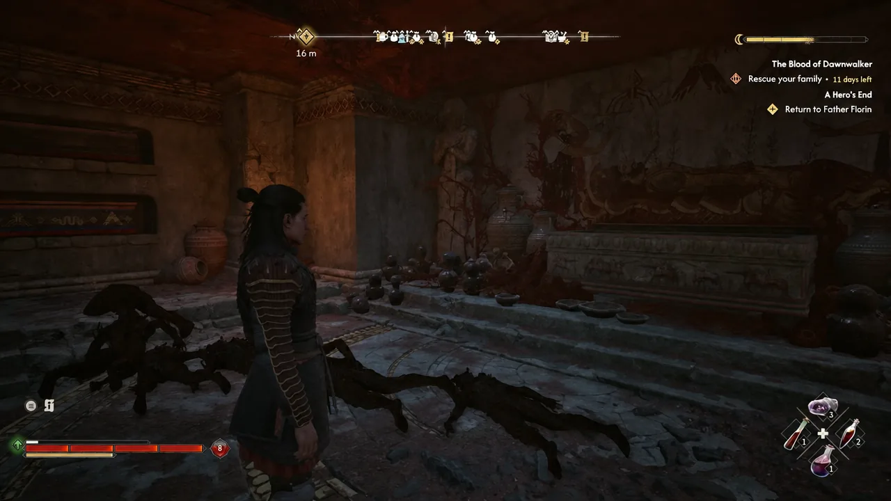 Dungeon corridor with the Return to Father Florin objective marker 16 meters ahead