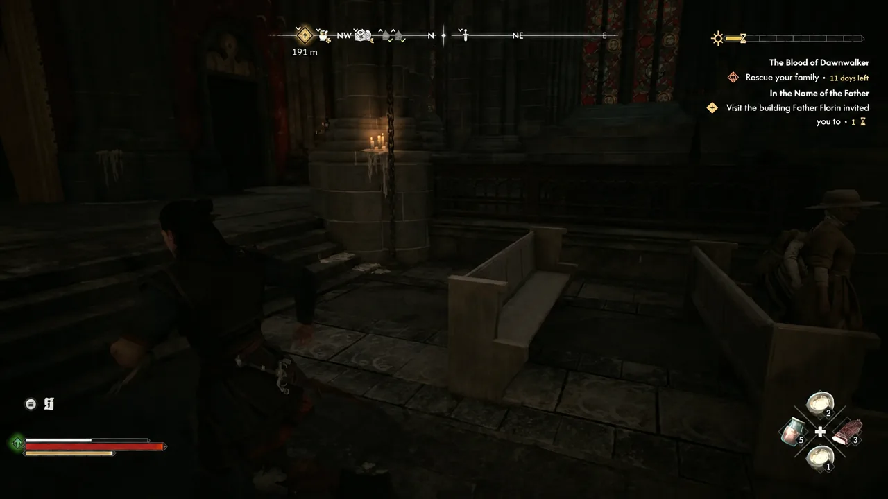 Quest tracker inside the cathedral pointing to the building Father Florin invited you to