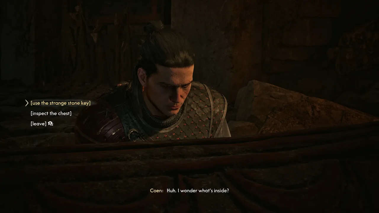 Dialogue menu with the option to use the strange stone key on a locked chest