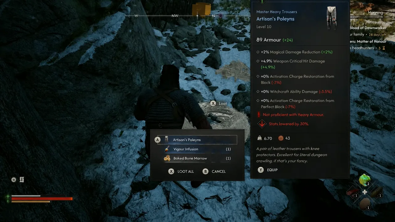 Loot window showing Artisan's Poleyns taken from the nest on the path