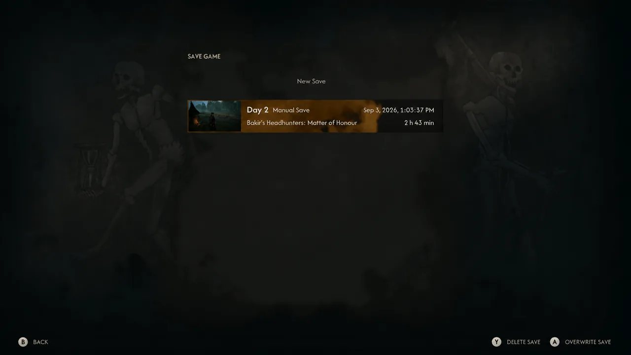 Save Game menu with a Day 2 manual save slot selected