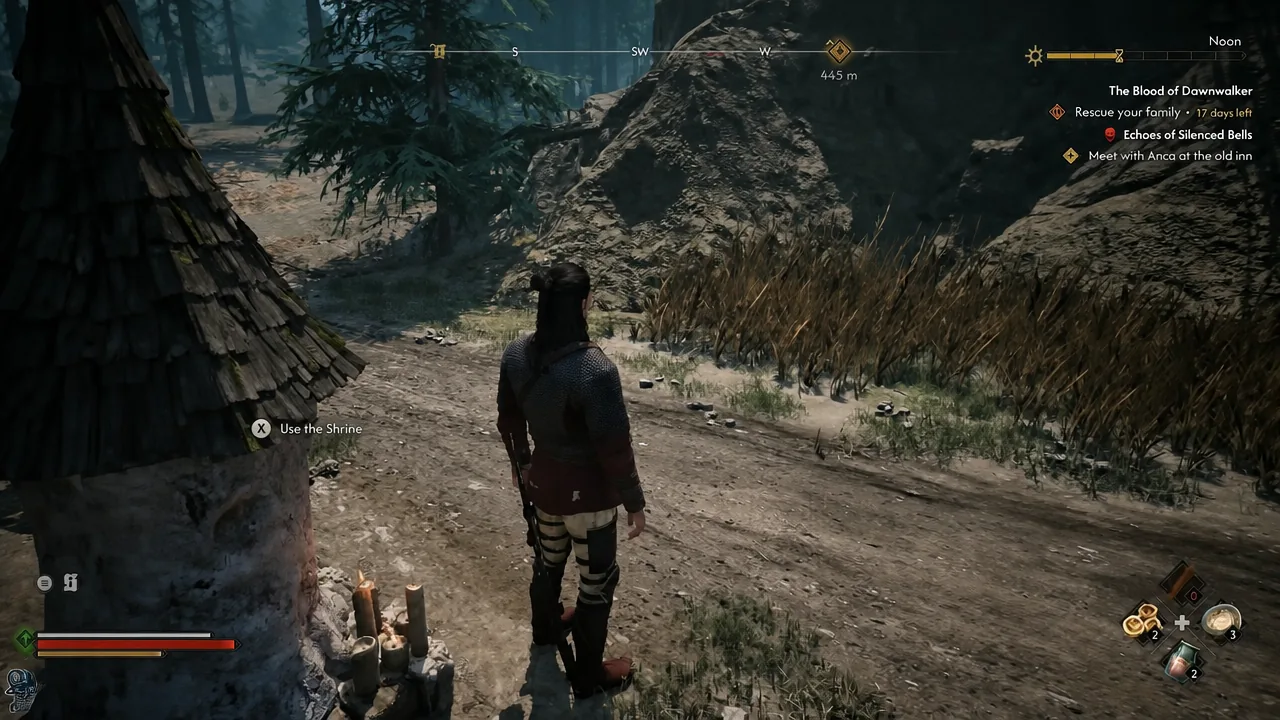 The Use the Shrine prompt appearing next to a shrine in the swamp
