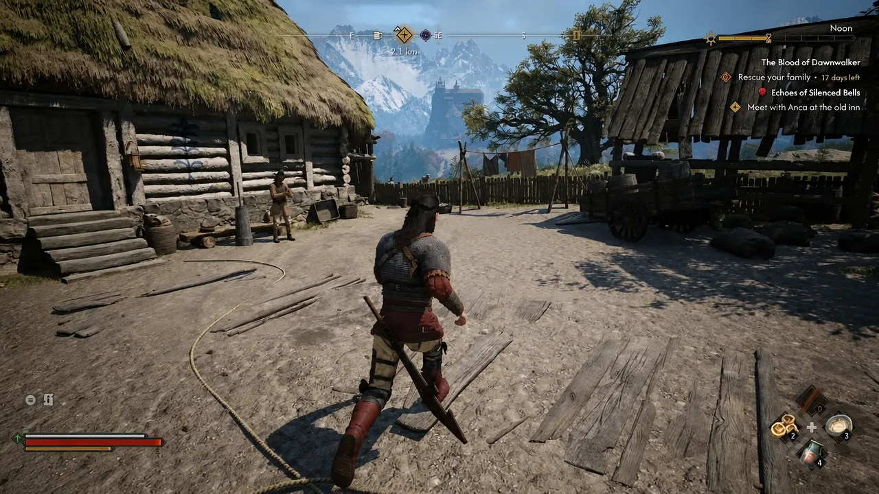 Coen running through a village toward a tracked objective marker